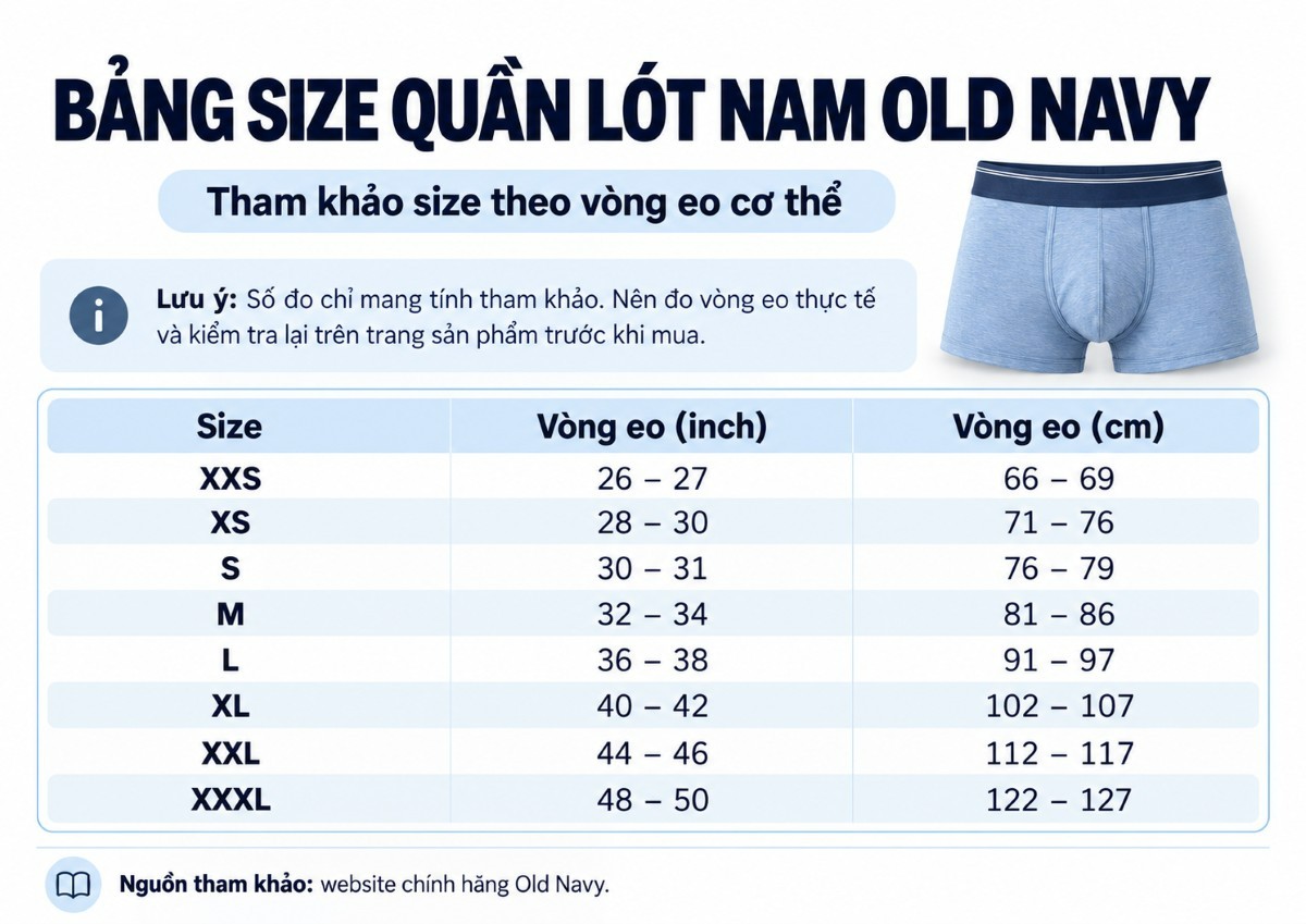 Bảng size quần lót nam Old Navy