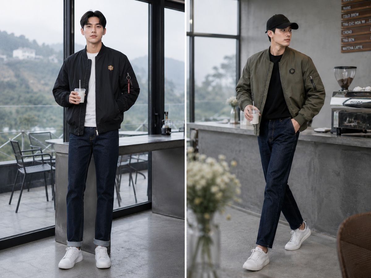 Bomber phối jean xanh đậm phù hợp với phong cách trẻ trung, gọn gàng