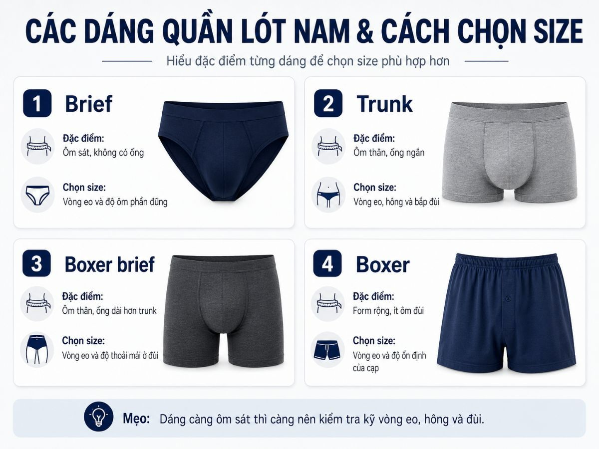 Các kiểu dáng quần lót nam