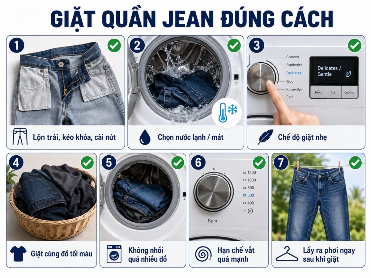 Infographic 7 bước giặt quần jean đúng cách từ đọc nhãn, lộn trái đến phơi trong bóng râm.