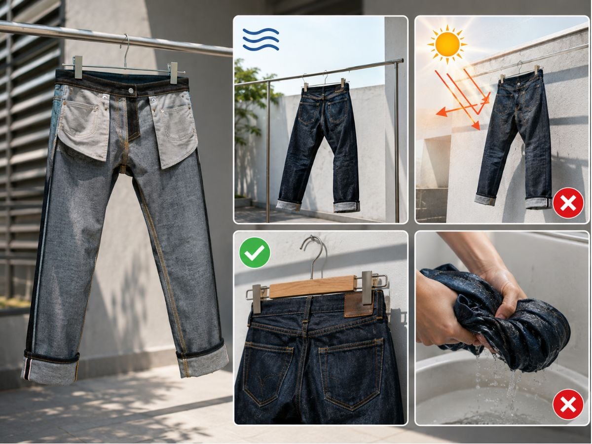 Hình so sánh cách phơi quần jean lộn trái trong bóng râm với phơi nắng gắt và vắt xoắn mạnh.