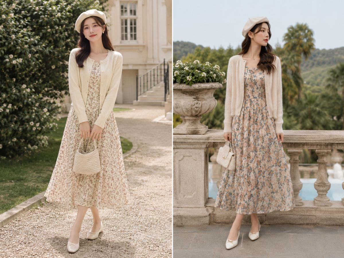 Cardigan mềm mại phối váy hoa mang đến cảm giác lãng mạn, dịu dàng