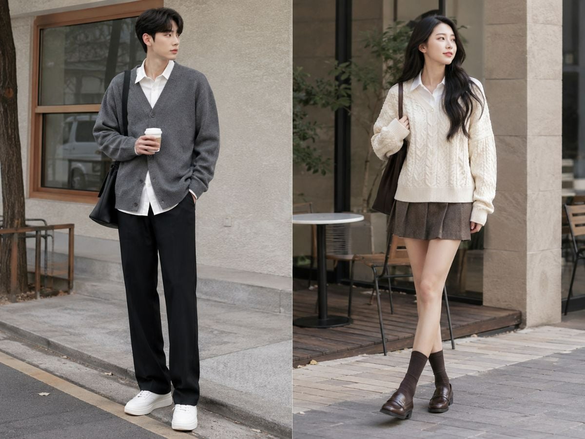 Cardigan và sweater là lớp phối dễ tạo chiều sâu cho outfit Hàn Quốc