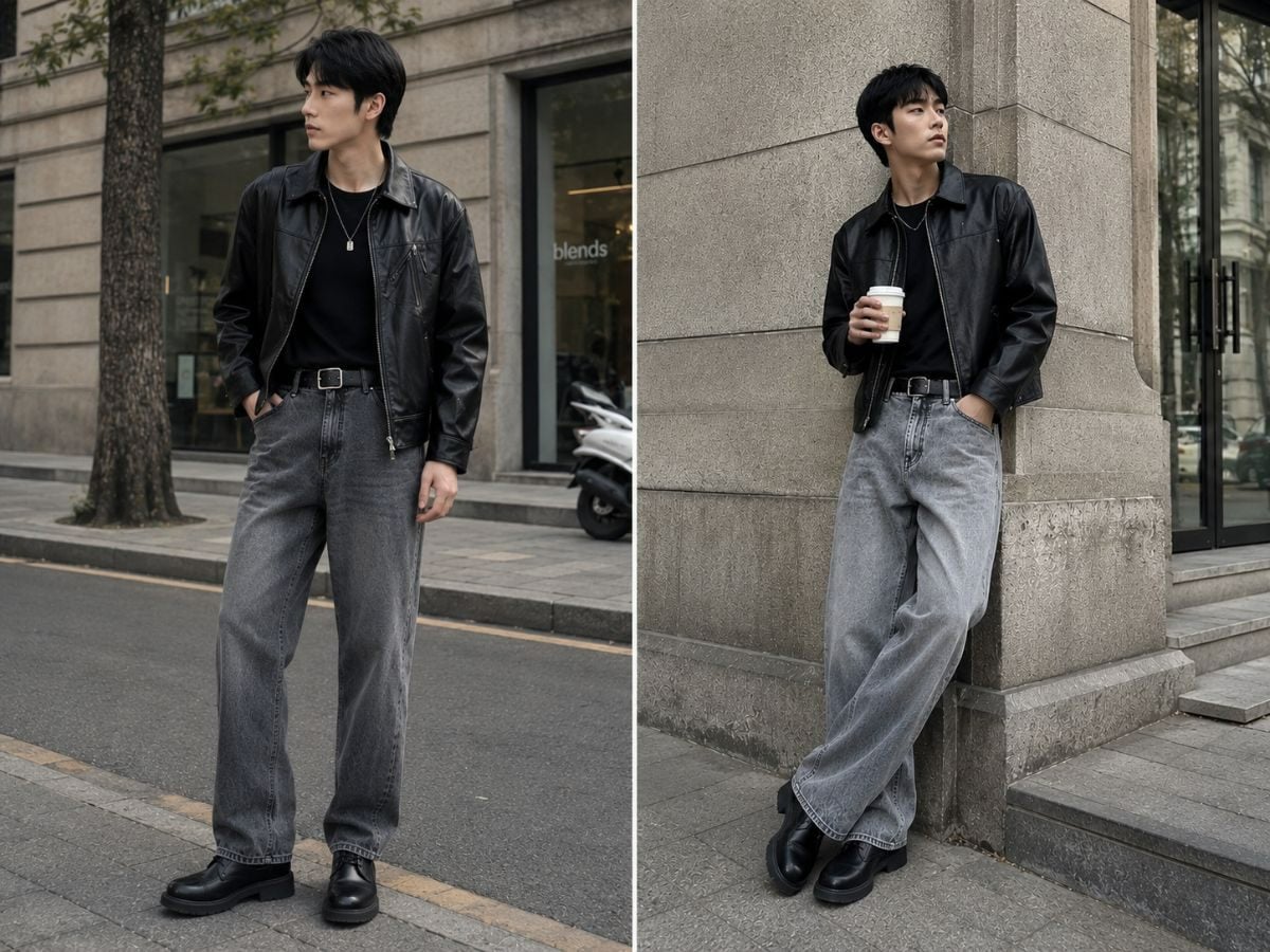 Phối áo khoác da, quần jean xám và giày boots cổ cao