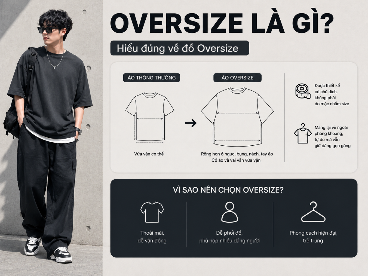 So sánh áo oversize với áo thông thường qua độ rộng ở ngực, bụng, nách và tay áo
