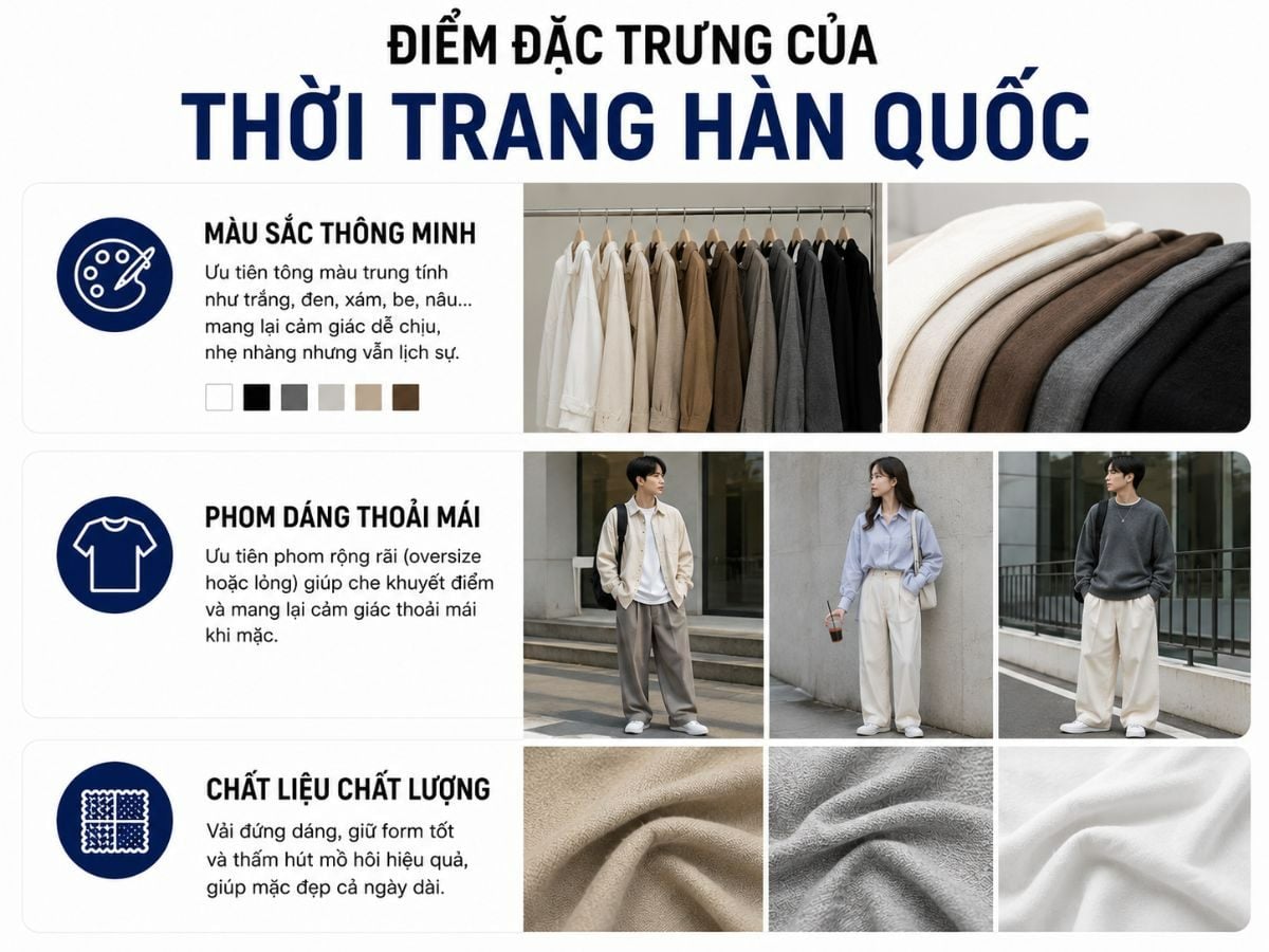 Màu sắc hài hòa, phom dáng thoải mái và chất liệu phù hợp là ba nền tảng của thời trang Hàn Quốc