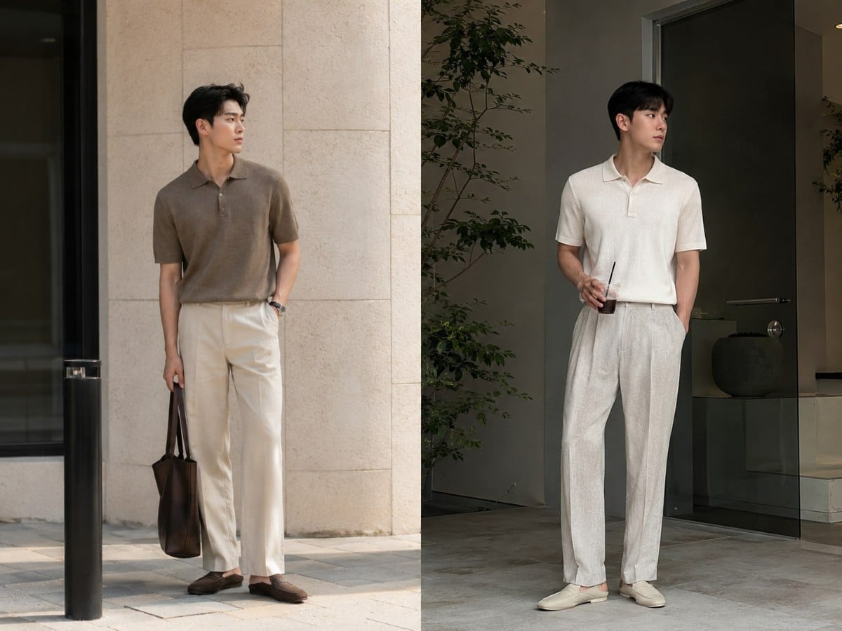 Áo polo dệt kim phối quần linen suông tinh tế