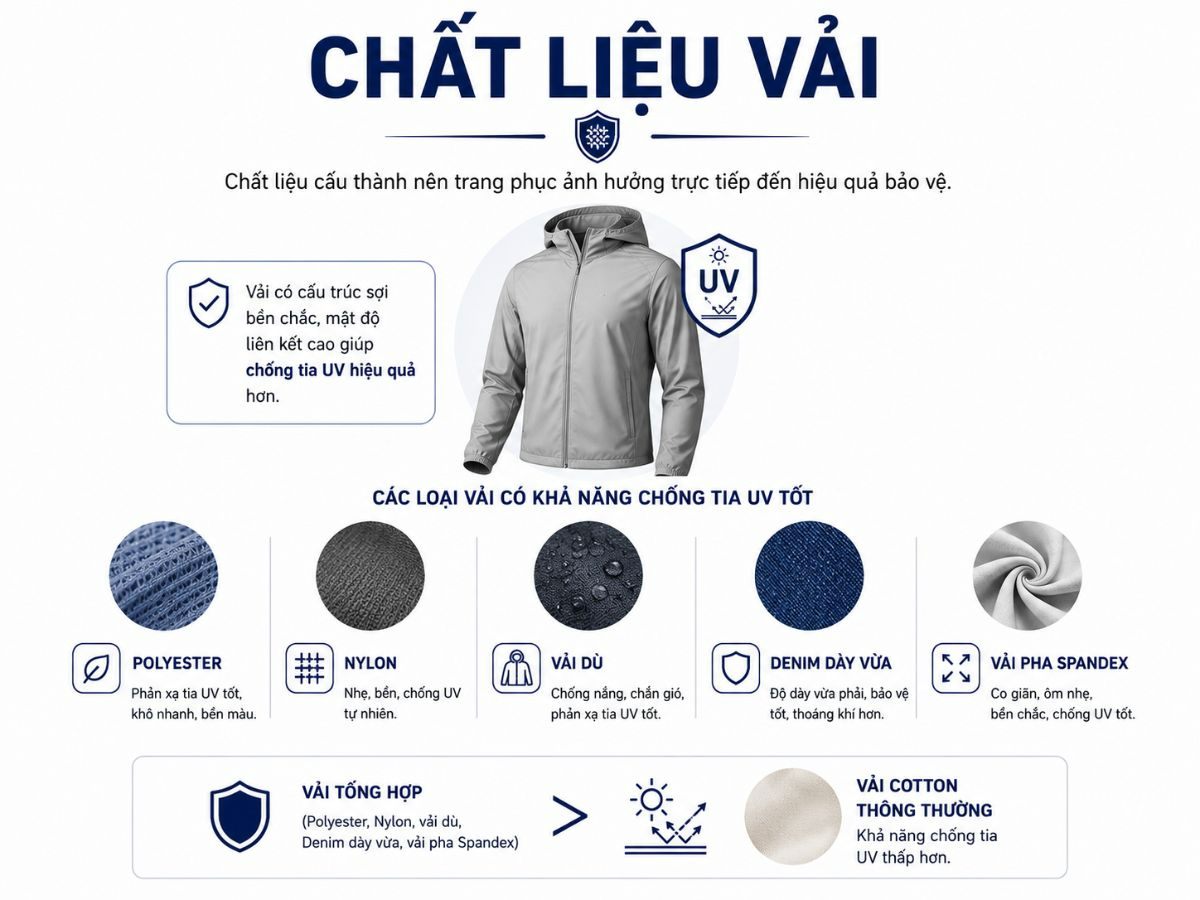 Chất liệu vải quyết định độ thoáng, độ bền và khả năng cản nắng