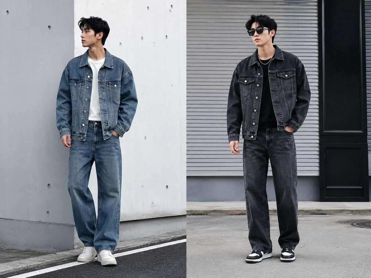 Áo khoác denim phối jean ống suông tạo vẻ bụi bặm nam tính