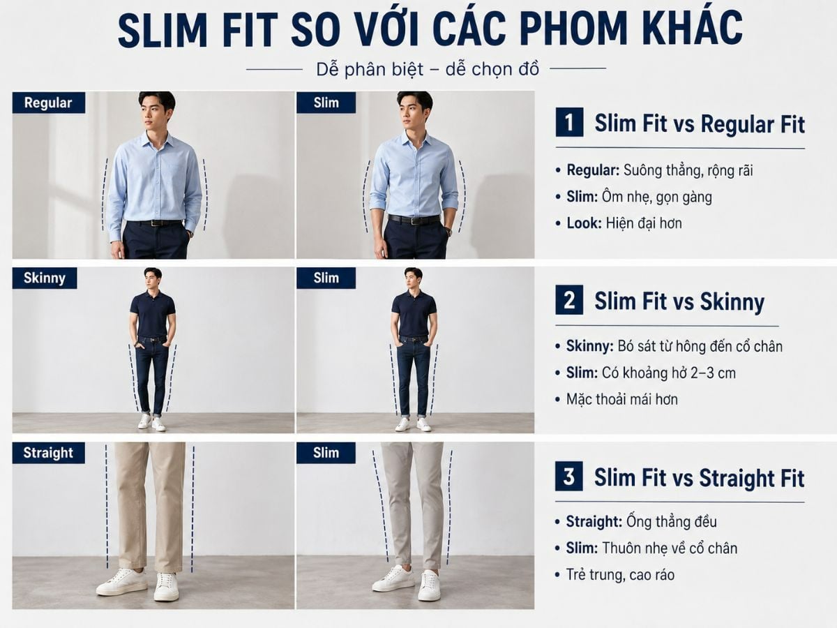So sánh slim fit với regular fit, skinny fit và straight fit