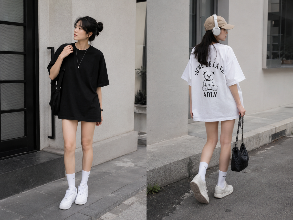 Phong cách giấu quần với áo thun oversize và sneaker