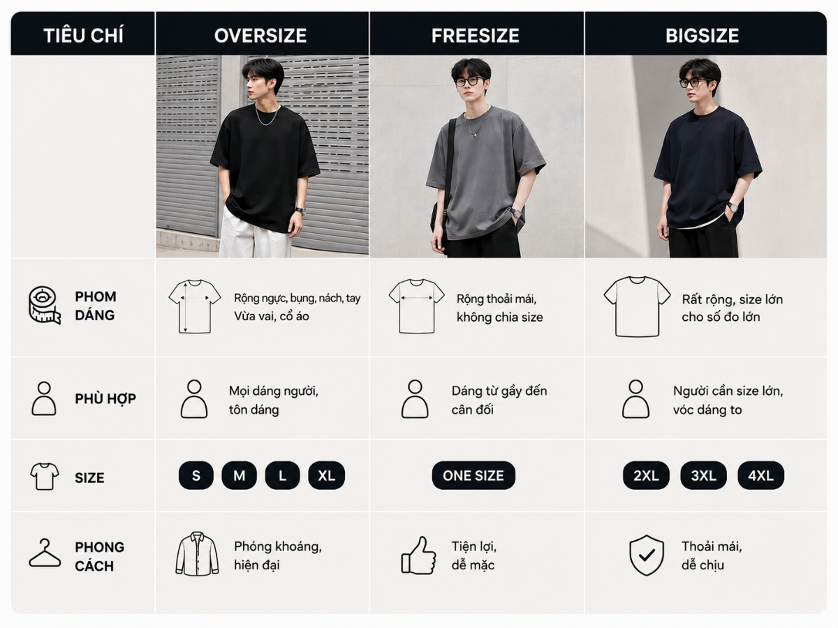 Bảng phân biệt oversize, freesize và bigsize
