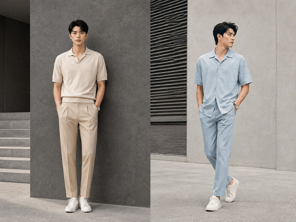 Set tone-on-tone màu be hoặc xanh nhạt tạo tổng thể liền mạch