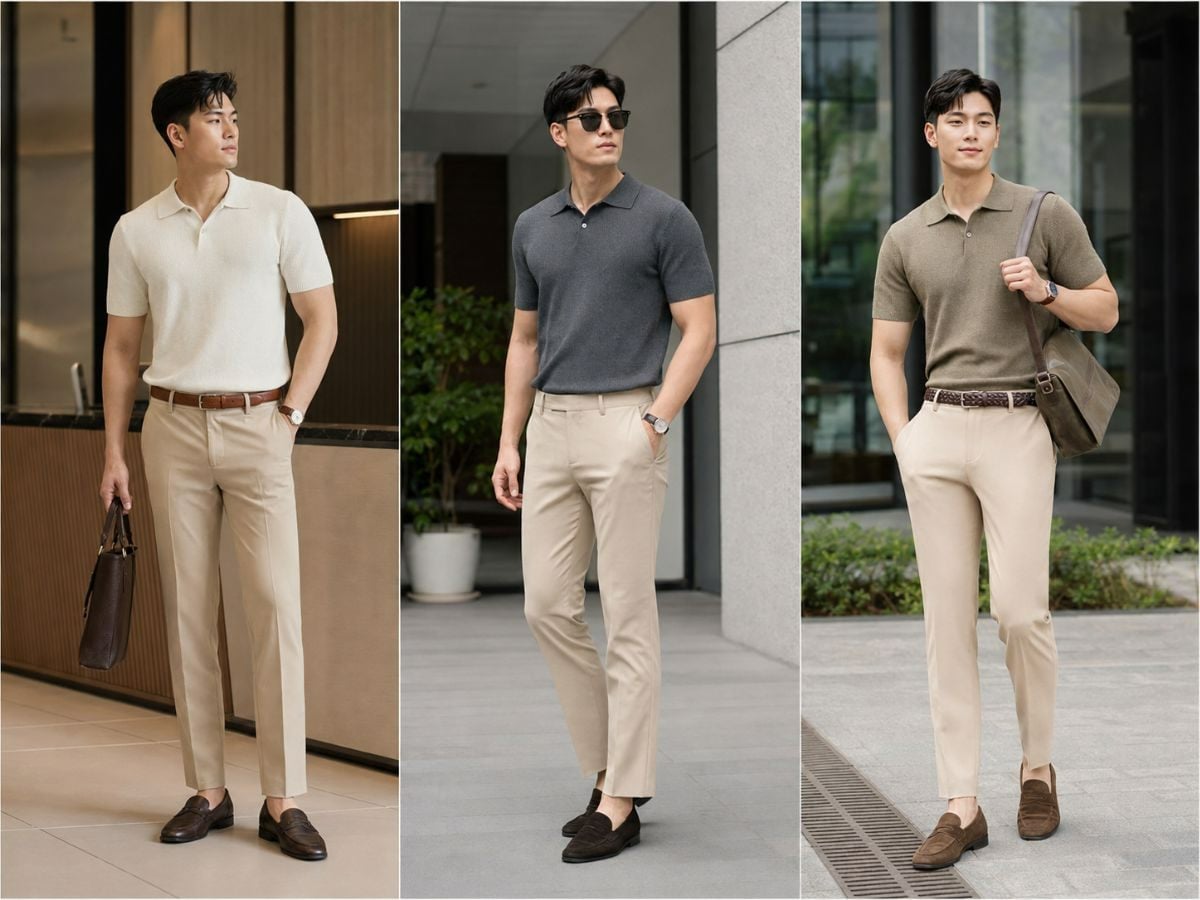 Phối áo polo dệt kim và quần chinos be