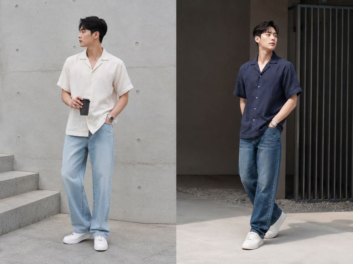 Sơ mi linen tay ngắn phối jean suông cho ngày hè thoáng mát