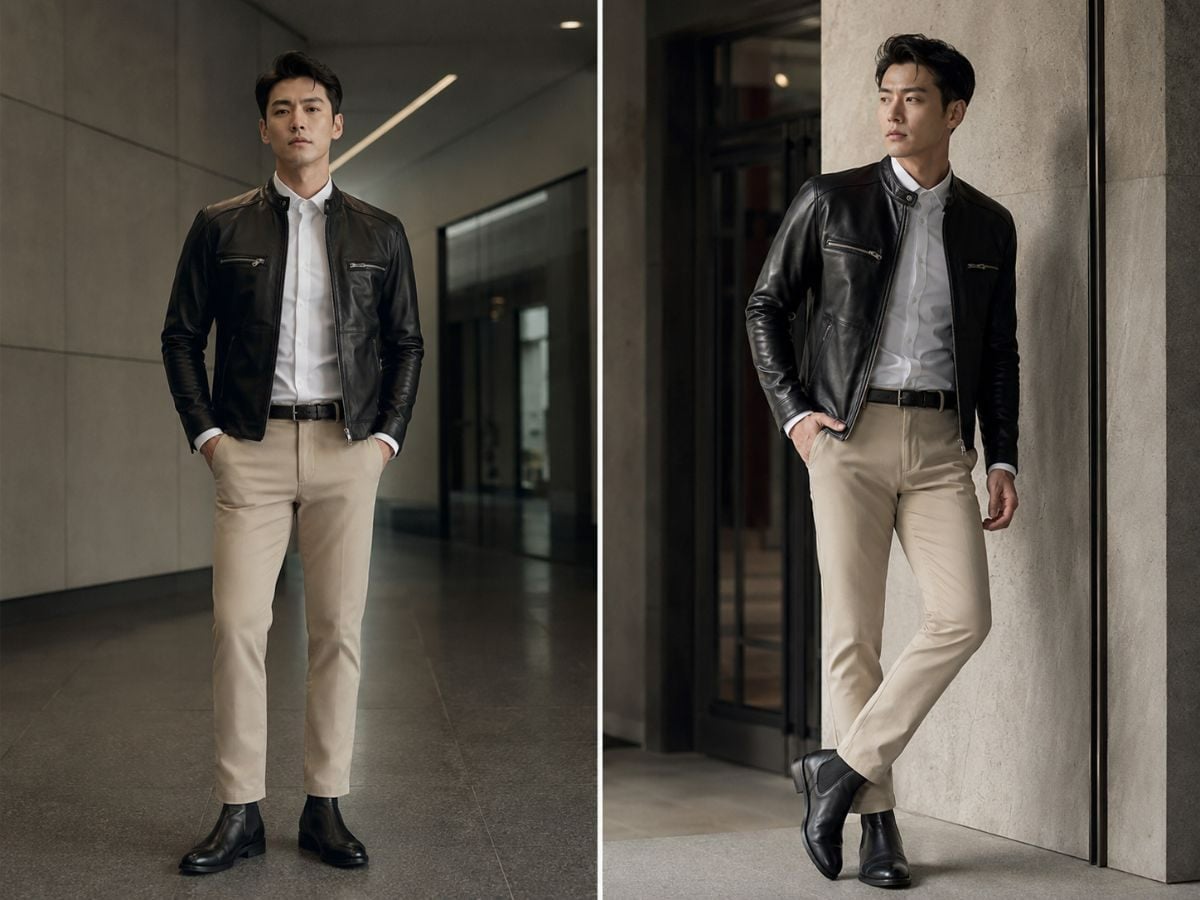 Áo biker phom gọn phối sơ mi trắng và quần chinos màu be