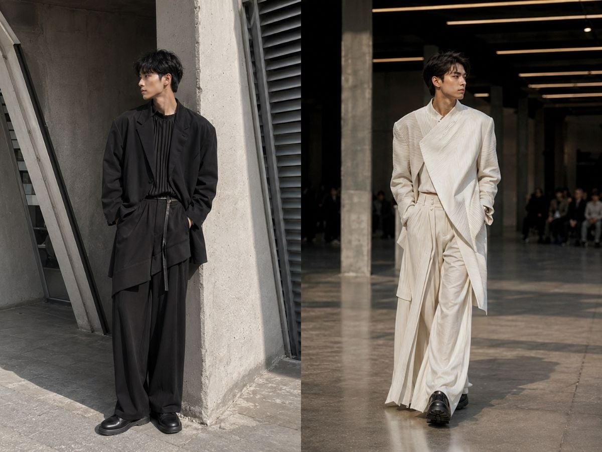 Outfit high fashion nam với phom bất đối xứng và chất liệu nổi bật