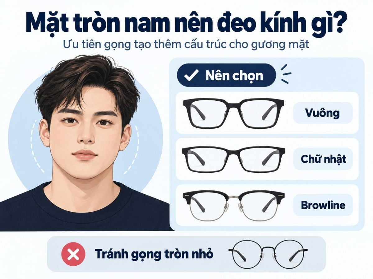 Mặt tròn nên chọn kính gọng vuông, chữ nhật, browline