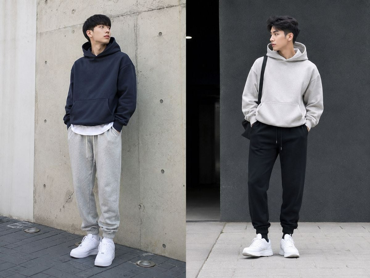 Hoodie boxy phối với quần jogger
