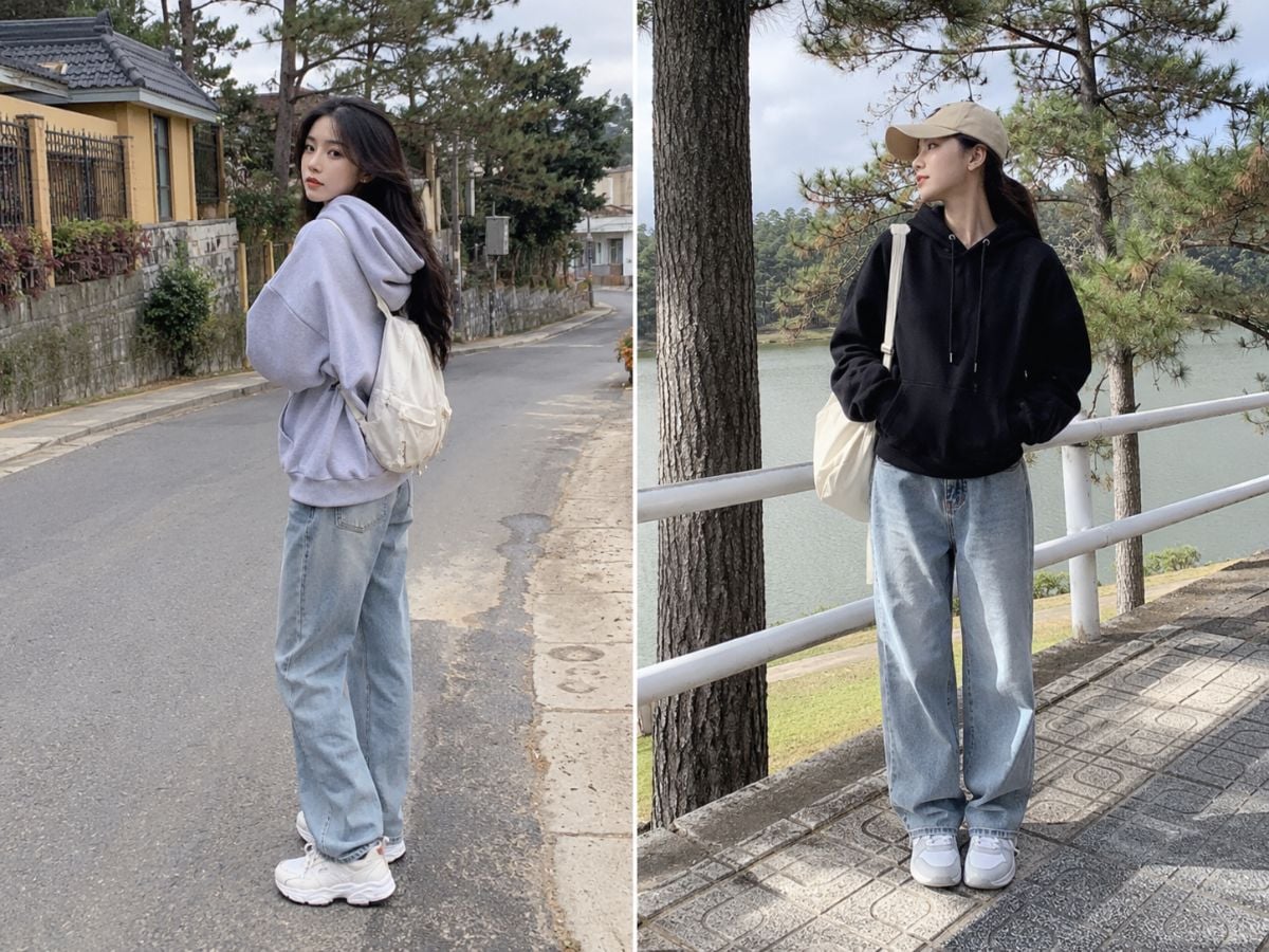 Hoodie, quần jean và sneaker là lựa chọn năng động cho ngày se lạnh