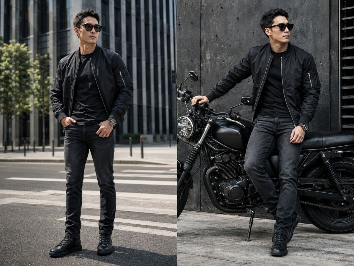 Bomber tối màu kết hợp áo thun basic và jeans phom slim straight