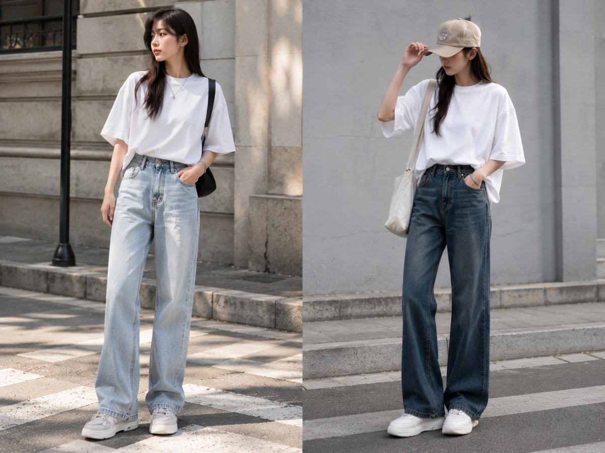 Áo thun oversize phối quần jeans ống rộng tạo outfit nữ trẻ trung và cân đối