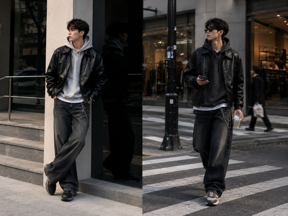 Phối áo khoác da, áo hoodie và quần jeans