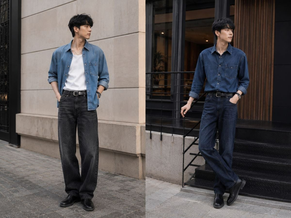 Phối áo sơ mi denim và quần jean tối màu
