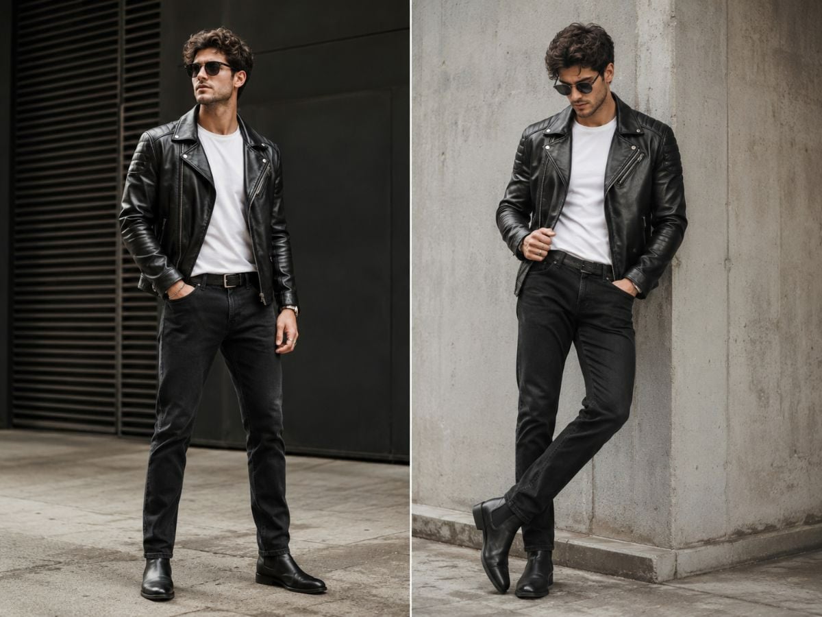 Áo da đen khoác ngoài áo thun trắng và quần jeans tối màu