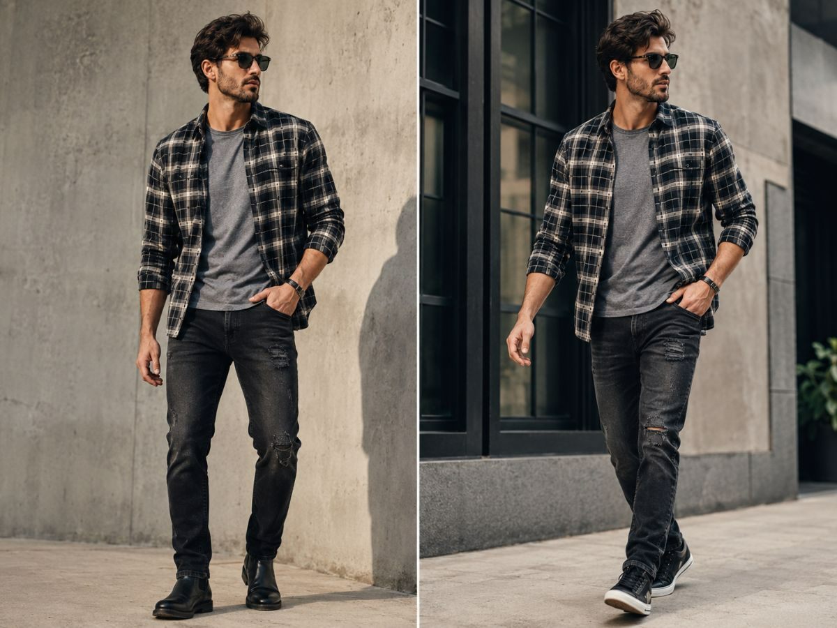 Sơ mi flannel khoác ngoài áo thun xám cùng jeans đen wash nhẹ