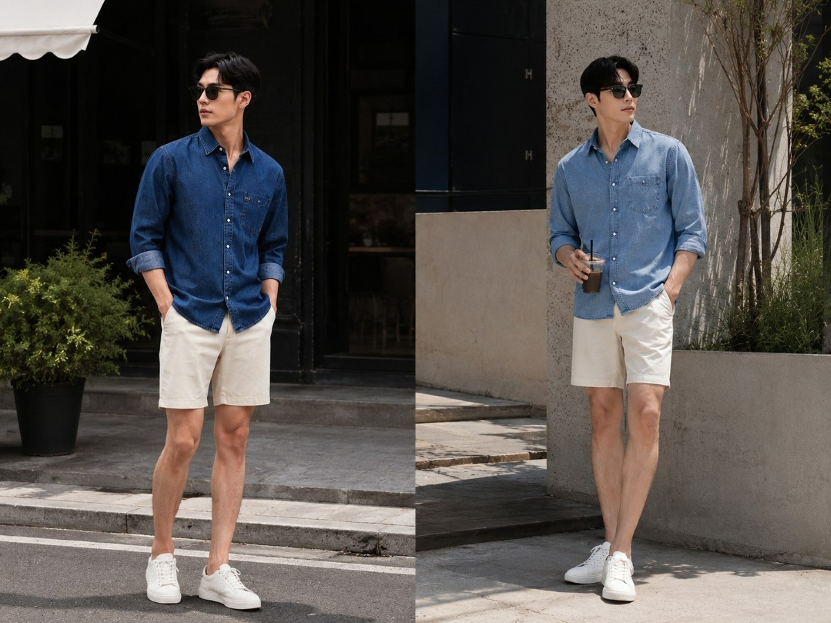 Sơ mi denim mỏng phối short kaki sáng màu gọn gàng, nam tính
