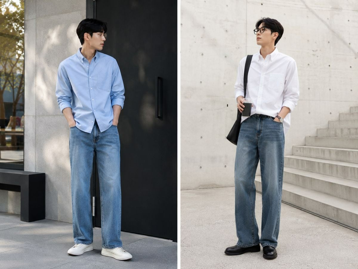 Sơ mi Oxford phối jean ống suông tạo diện mạo cổ điển