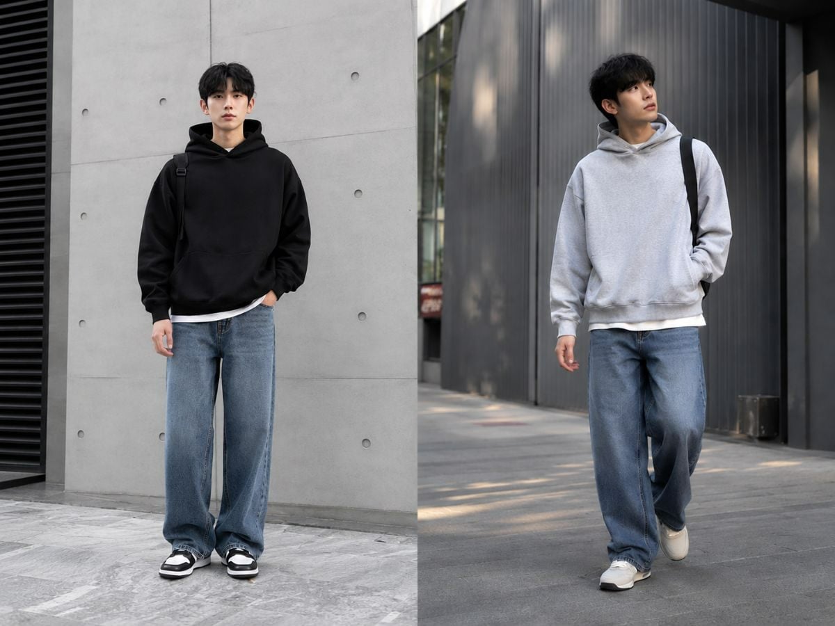 Hoodie boxy phối jean ống suông tạo tổng thể năng động