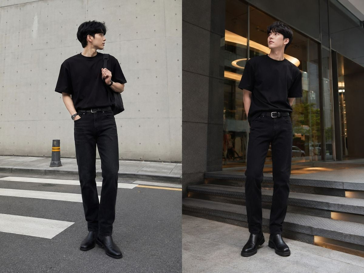 Outfit all black với áo thun, quần jean và giày boots