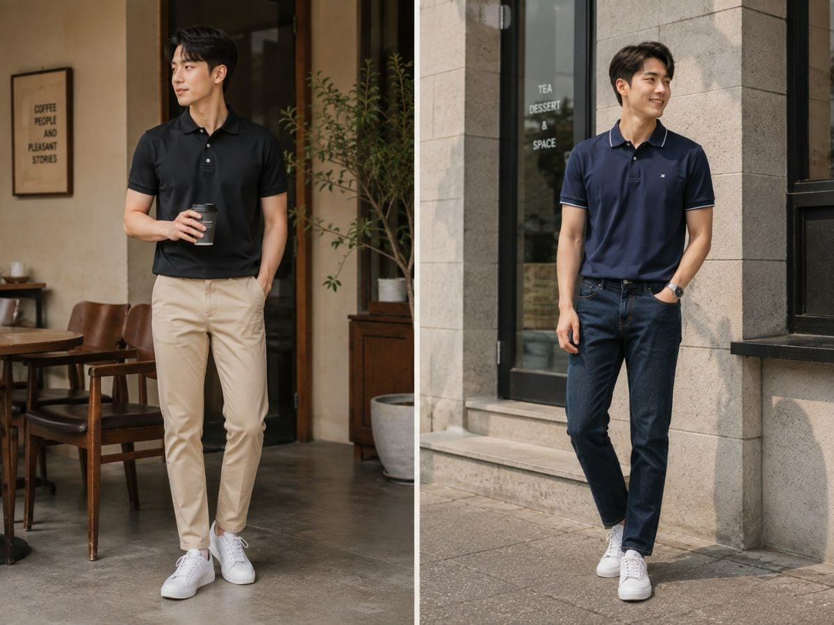 Nam mặc áo polo phối quần kaki và jeans đi họp lớp