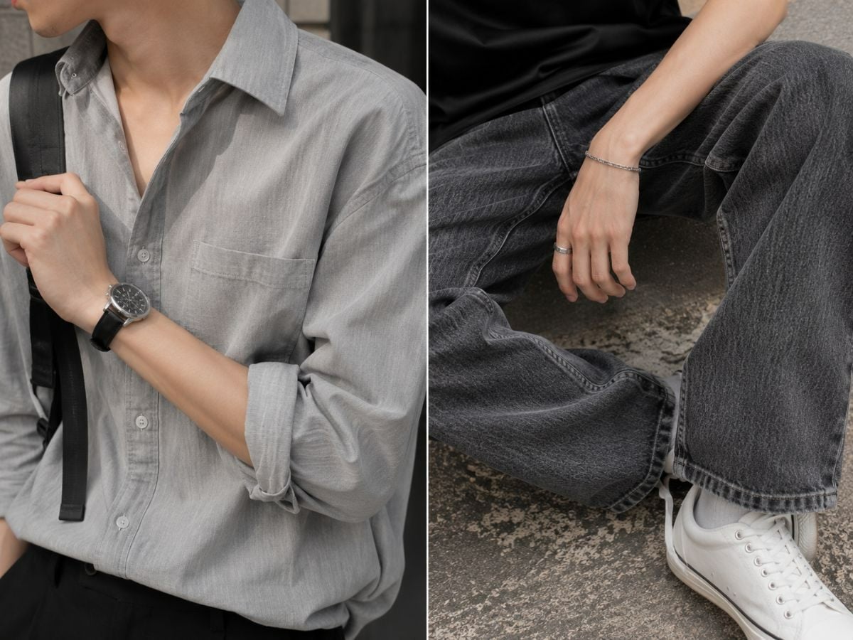 Ảnh cận cảnh làm rõ chất liệu và phụ kiện của outfit