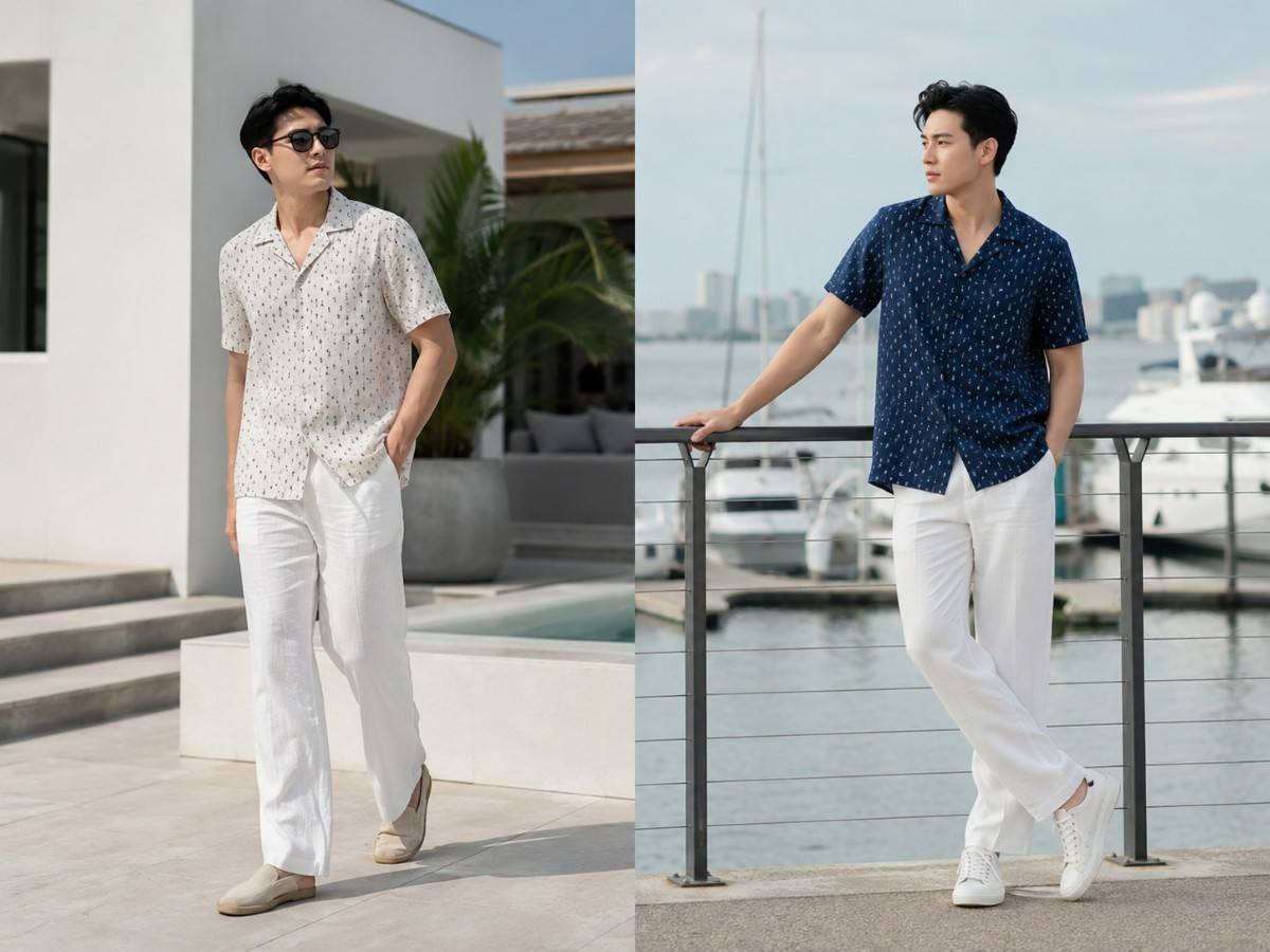 Sơ mi Cuban họa tiết nhỏ phối quần linen trắng nhẹ và thoáng