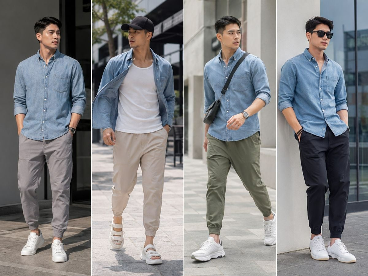 Áo sơ mi denim mỏng phối quần jogger vải dù