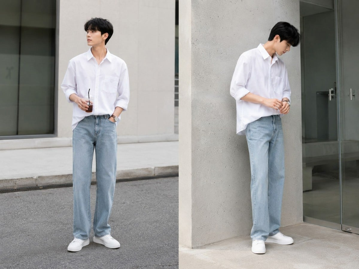 Sơ mi trắng relaxed phối jeans xanh nhạt tạo cảm giác sạch và thoáng