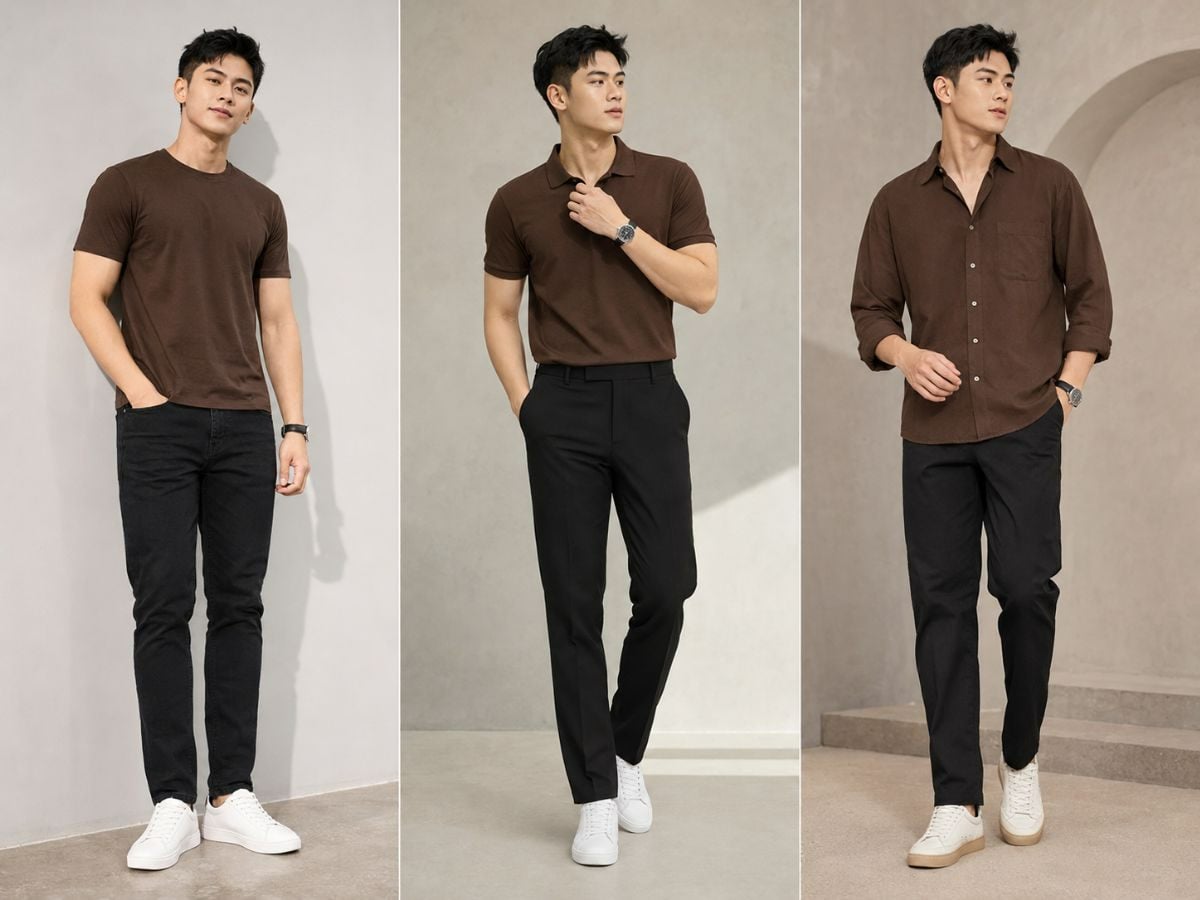 Mix áo nâu với quần đen