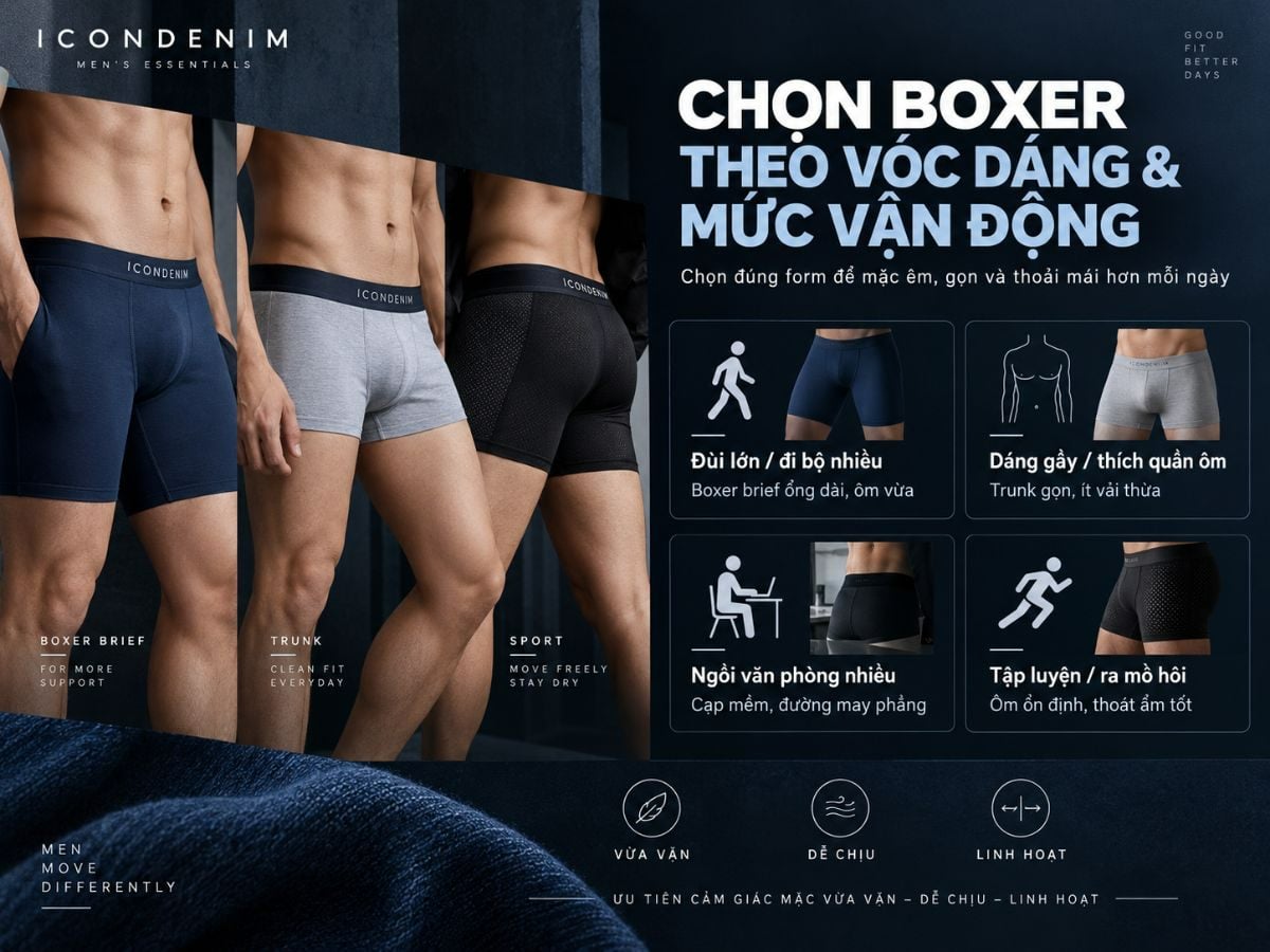 Chọn quần&nbsp; boxer theo vóc dáng và mức vận động