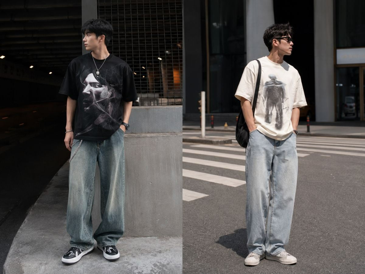 Áo thun boxy phối jean ống suông cho outfit streetwear nam