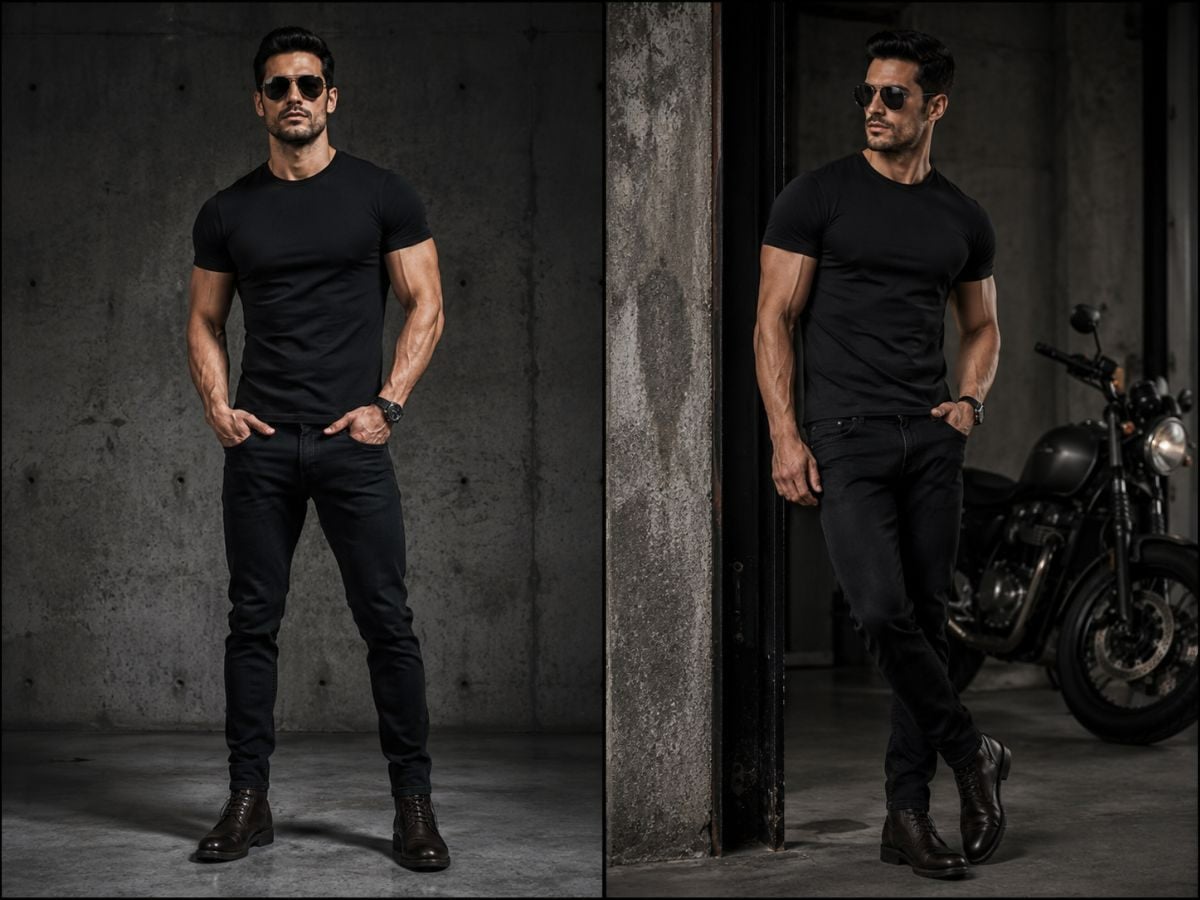 Áo thun đen vừa vặn phối jeans trơn và boots da tối màu