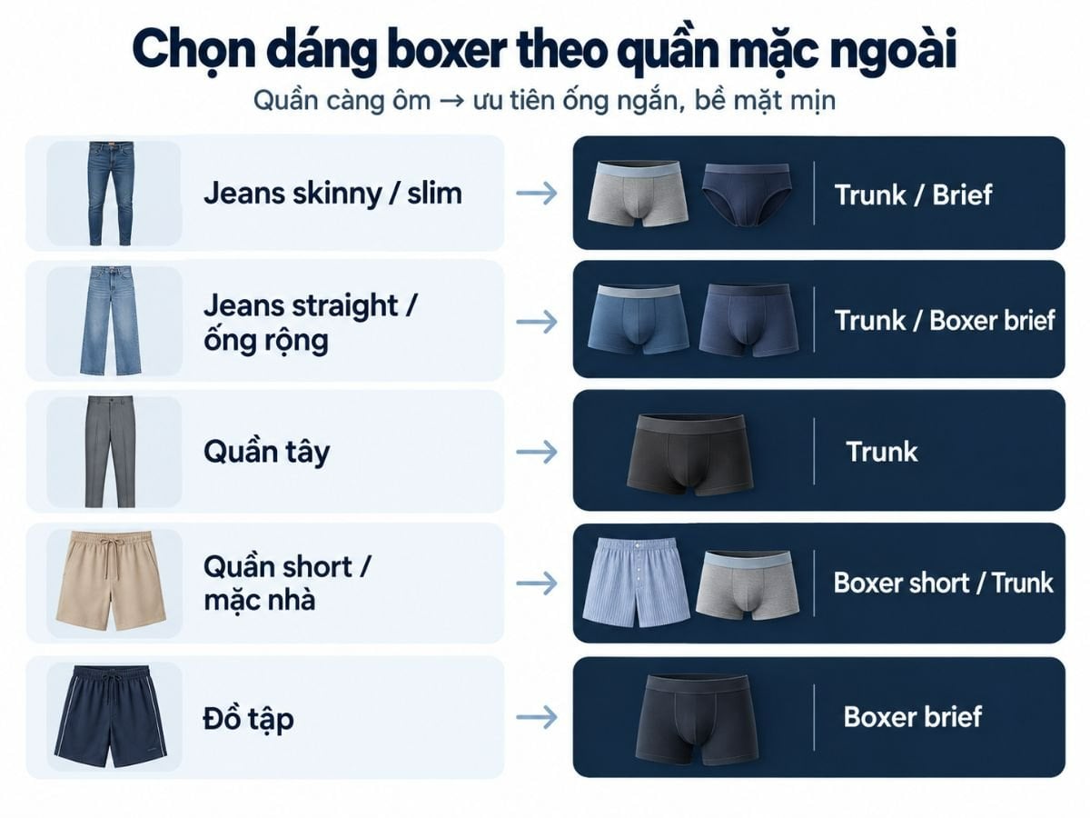 Chọn quần boxer theo dáng quần mặc ngoài