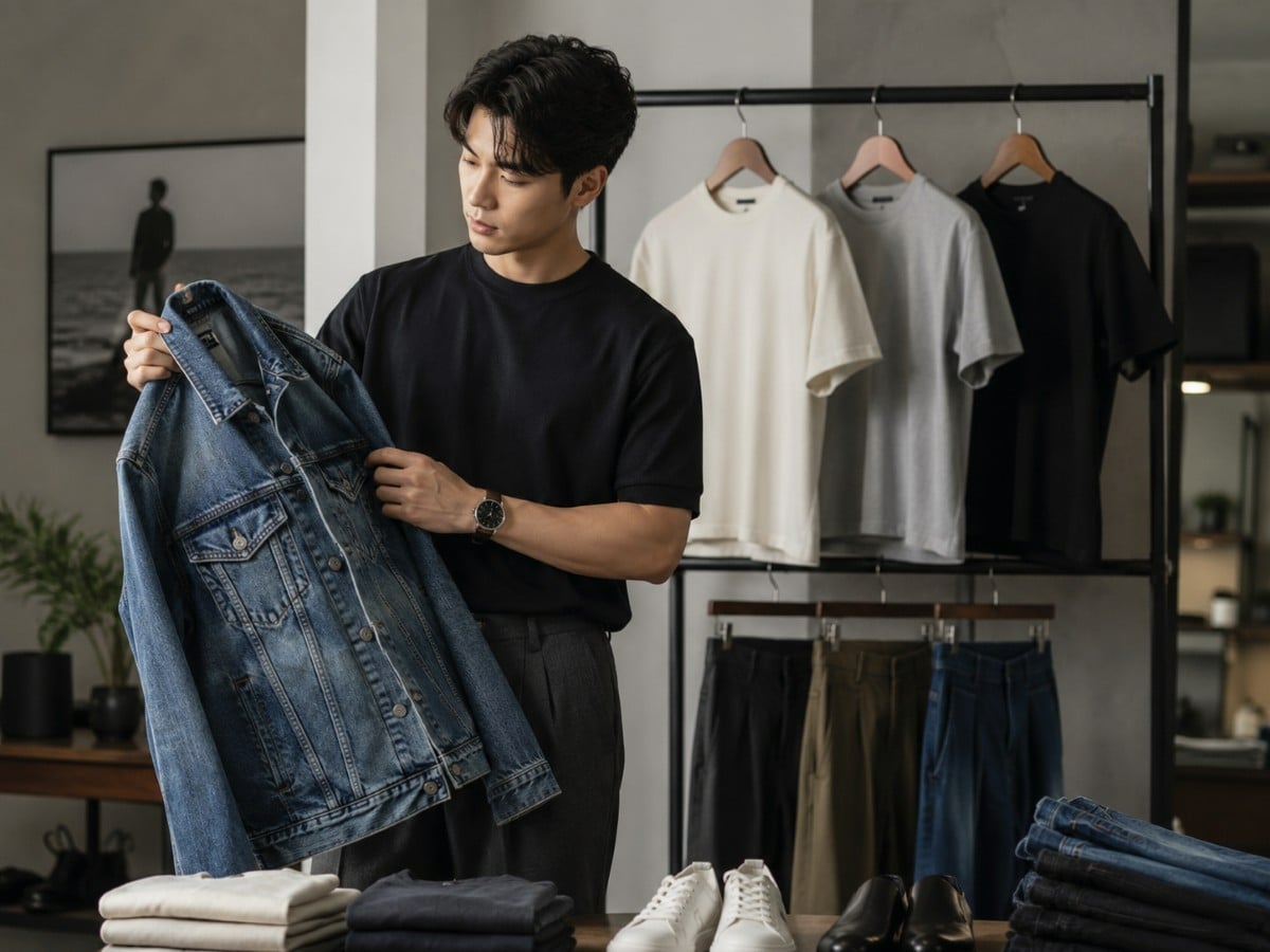 Nam giới quan sát chất liệu, đường may và phom dáng của trang phục