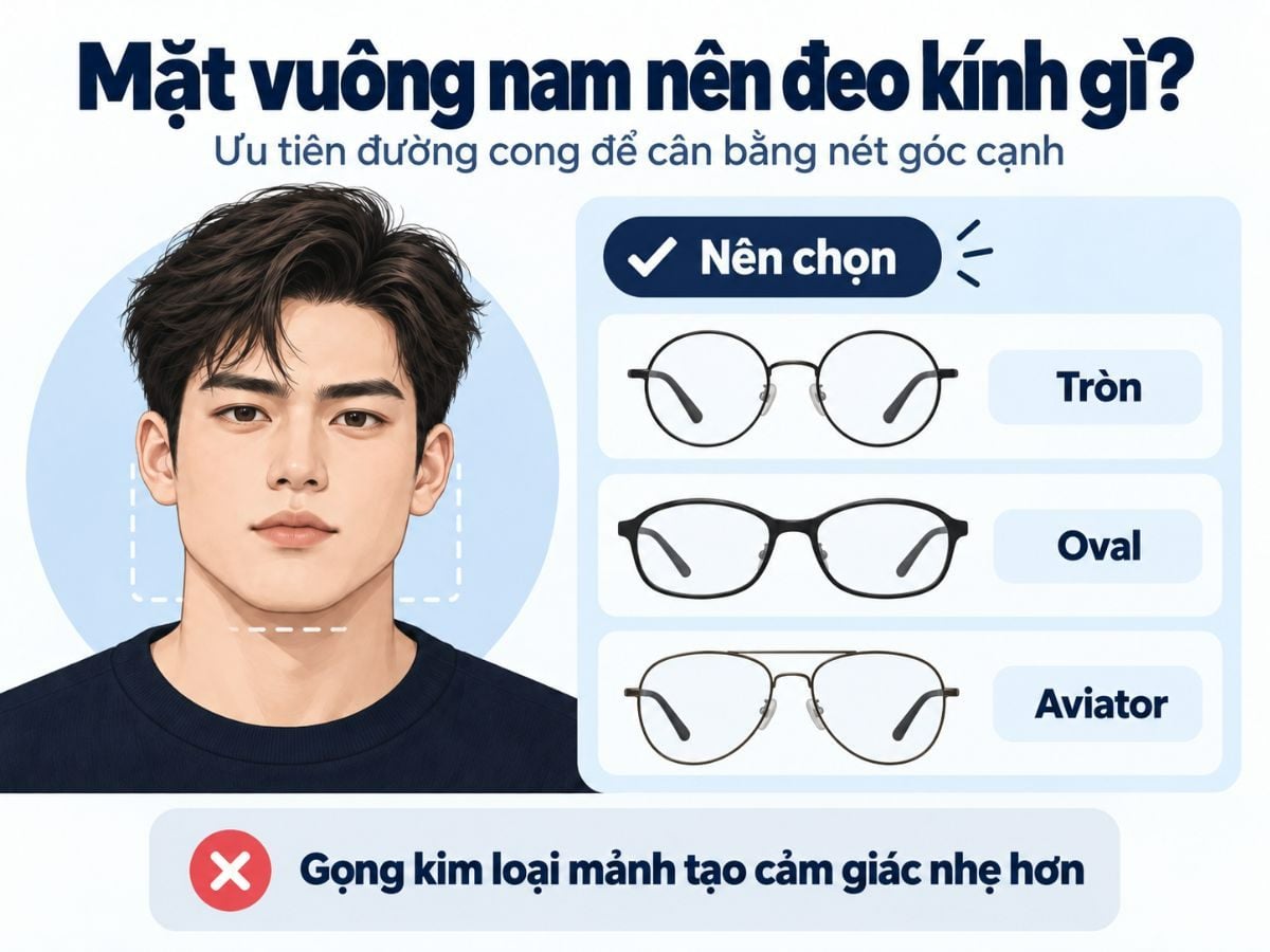 Mặt vuông nên trọng kính gọng tròn, oval, aviator