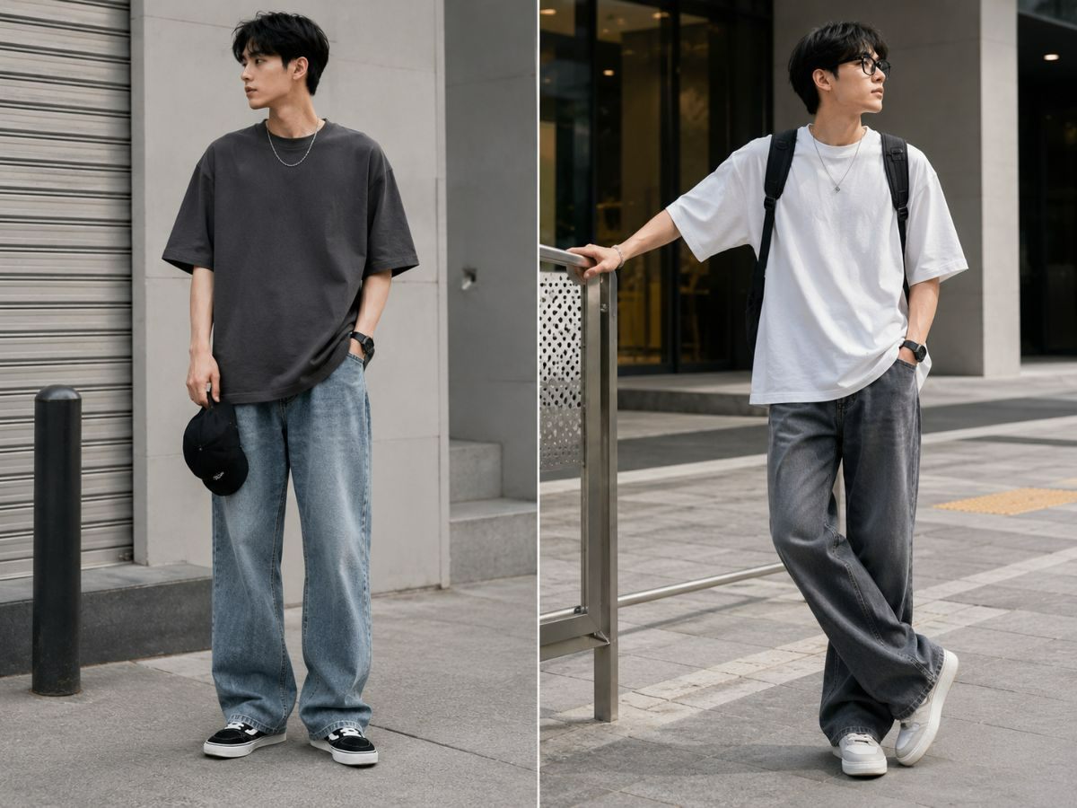 Phối áo thun rộng với quần jean ống suông streetweaar