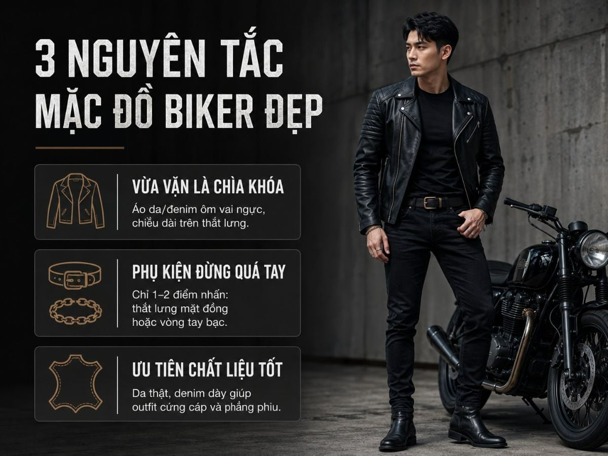 Outfit biker tối giản với áo khoác vừa vai và phụ kiện được tiết chế