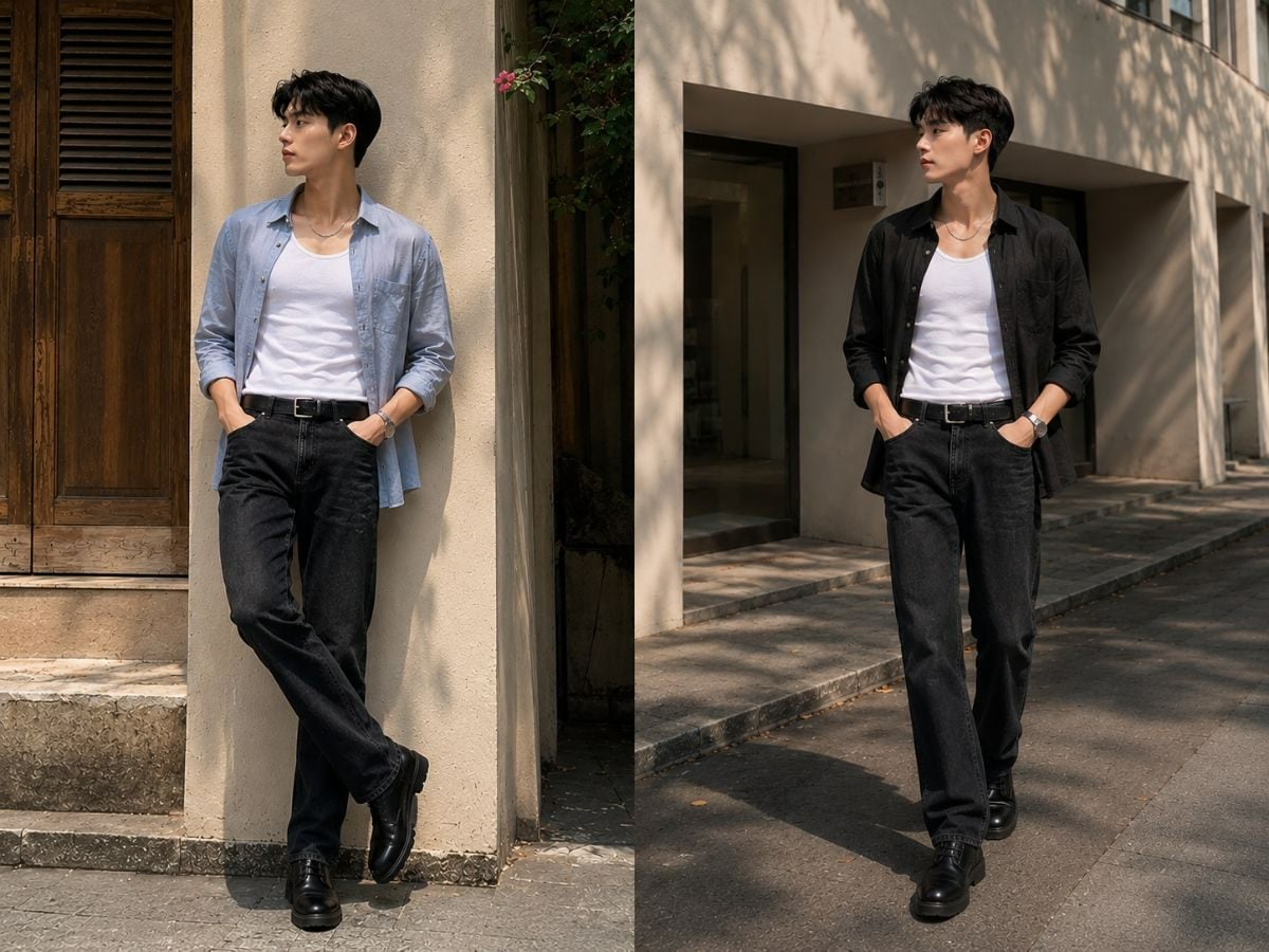 Phối áo tank top, áo sơ mi và quần jeans tối màu
