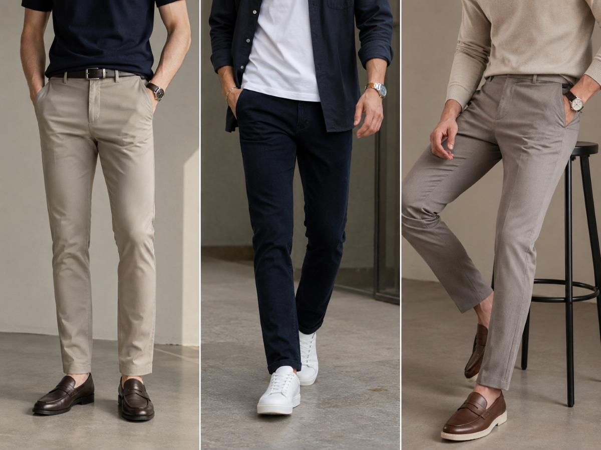Quần dáng tapered rộng hơn ở phần đùi và thu hẹp về phía cổ chân